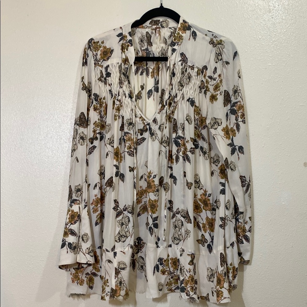Free People White Cream Blouse with Mandarin Collar and Ruffled Pleats